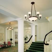 Classical Six-Arm Alabaster Chandeliers Light Lobby of Historic Virginia Resort
