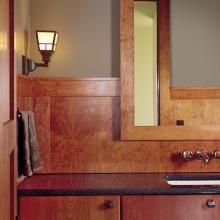Contemporary Asian Style Bathroom Lit with Oak Park™ One Light Straight Arm Sconce