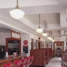 Shoreland™ One Light Pendants with School House Globes Provide an Authentic Look for Malt Shop
